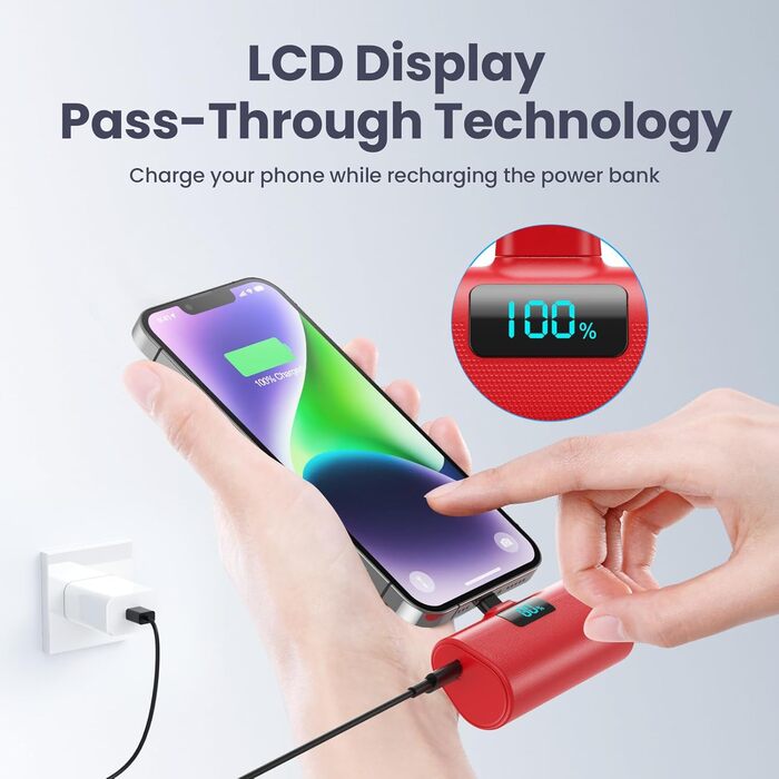 Портативний зарядний акумулятор Mini Powerbank 5200mAh з LCD-дисплеєм для iPhone та інших пристроїв (червоний)