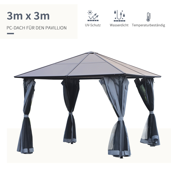 Outsunny 3 x 3m Gazebo Garden Pavilion Party Tent with Side Panels PC Roof Aluminum Dark Grey | Aosom
