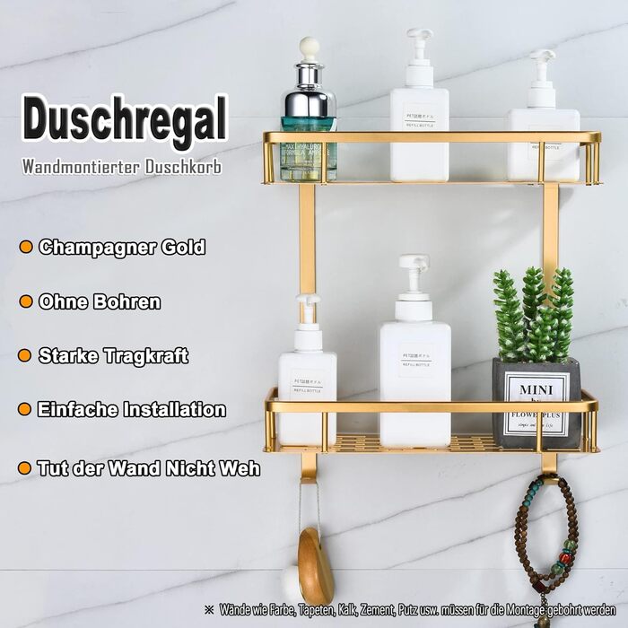 No-Drill Shower Shelf, Square Shower Rack Bathroom Shelf for Shampoo and Shower Gel Holder Bathroom Wall Shelf Organizer With 2 Hooks (2 Tier, Champagne Gold)