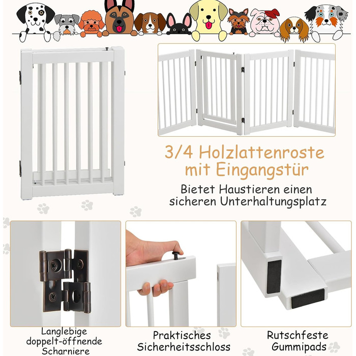 Захисне ґратка для собак COSTWAY 76 см, 4 панелі, дерев'яна з хвірткою, для дітей, складана, біла