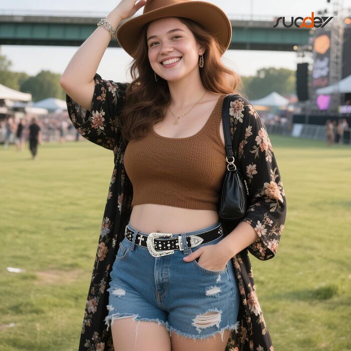 Чоловічий/Жіночий шкіряний ремінь SUOSDEY з стразами, декоративним хрестом, стиль ковбойський/вестерн, ширина 3.8 см, колір чорний/білий, довжина 115 см, підходить для талії 84-98 см