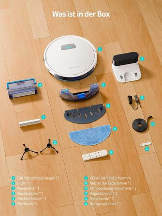 Робот-пилосос HONITURE G20 з функцією миття підлоги, 4000Pa, 3-в-1, для тварин, килимів, твердих підлог, з голосовим керуванням та пультом дистанційного керування, білий