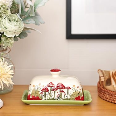 Fun Mushroom Butter Dish with Lid for Countertop - Ceramic, Red Mushroom Butter Container, Butter Tray, Large Butter Dish (White, Standard)