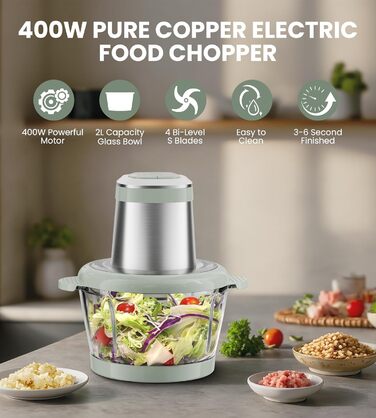 Електричний подрібнювач для кухні ESoundvol 400W з чашею 2л та 4 лезами з нержавіючої сталі для м'яса, овочів, горіхів, дитячого харчування
