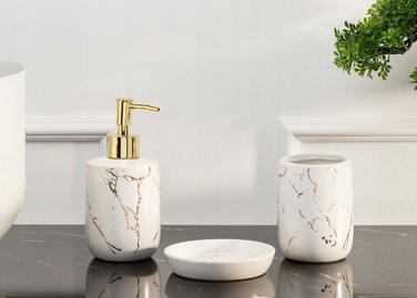 Набір аксесуарів для ванної кімнати (3 предмети), біло-золотий, стиль гламур