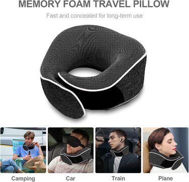 Подушка для шиї з піною Memory Foam, комплект з маскою для очей, навушниками та чохлом, ергономічна, для подорожей (темно-сіра)