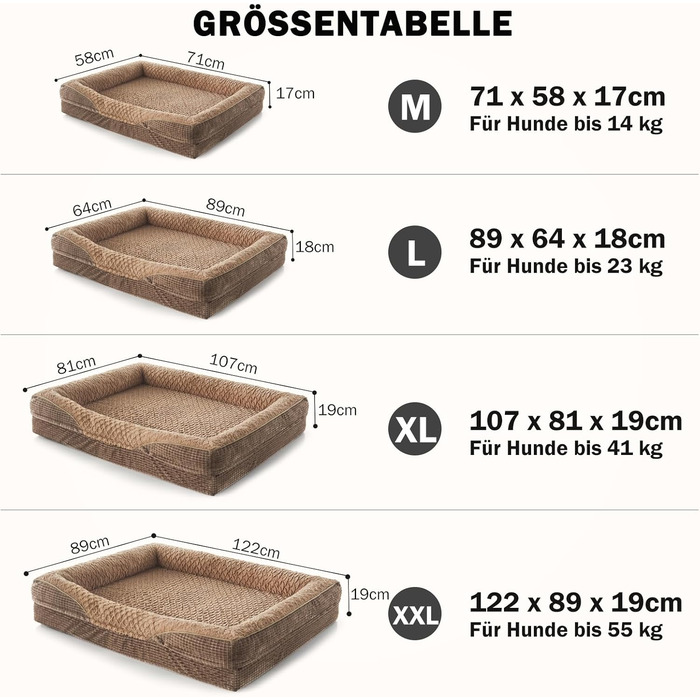 Ортопедичне ліжко для собак FURTIME, середнього та великого розміру, з піною з пам'яті, знімний та пральний кошик для собак, великий борт, 89 x 64 x 18 см (XL 107x81x19 см), коричневий