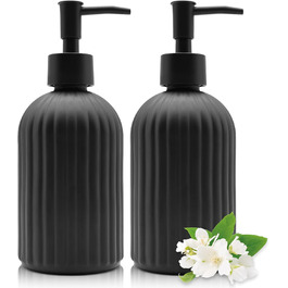 Набір з 2 скляних дозаторів для мила з помпою, 400 мл, для мила, шампуню, лосьйону, багаторазові, для кухні, ванної, пральні (чорний)