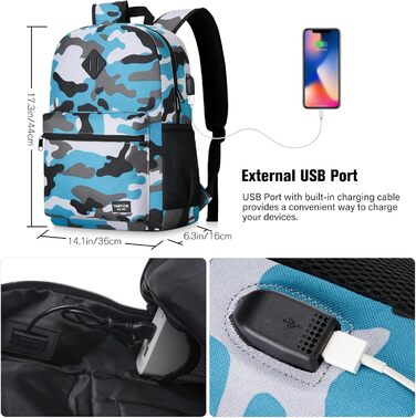 Рюкзак YAMTION 17,3 дюйма для чоловіків та жінок, шкільний, для підлітків, студентів, з USB-портом, камуфляжний синій