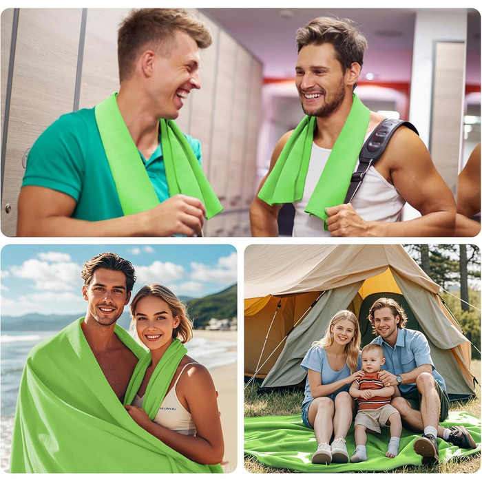 Набір з 3 рушників з мікрофібри - великий 200×100 см та 2 маленьких 80×40 см, швидковисихаючі спортивні рушники з мікрофібри, для подорожей, ванни, фітнесу та пляжу (зелений)