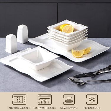 MALACASA, Mario Series, 28-piece porcelain dinnerware set consisting of 6 bowls, 6 dessert plates, 6 soup plates, 6 dinner plates, 2 rectangular platters, and 2 salt and pepper shakers.