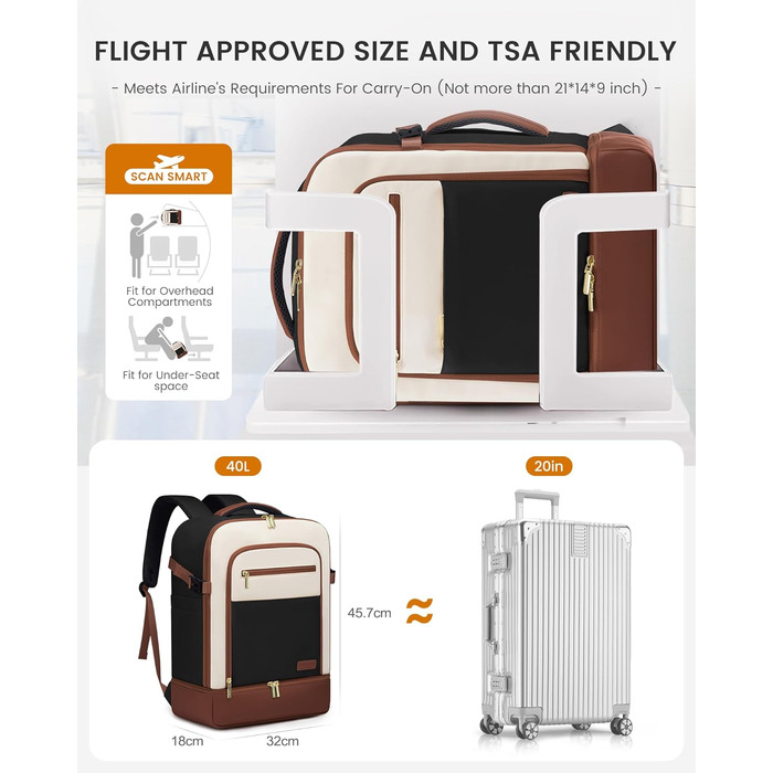 LOVEVOOK Рюкзак для ручної поклажі 40L з окремим відділенням для взуття, рюкзак-валіза для подорожей, жіночий, з відділенням для мокрого та сухого, 3 шт. (Бежевий, Зелений, Чорний, Білий, Коричневий)
