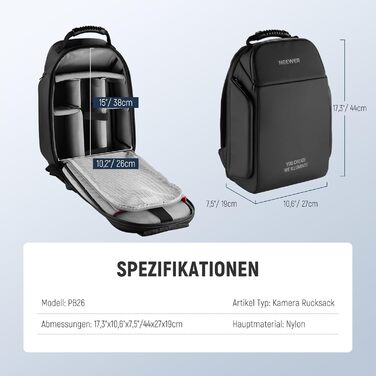 Сумка для фотокамери NEEWER Basics: водонепроникний рюкзак для фотографів, сумісний з Sony, Canon, Nikon DSLR та бездзеркальними камерами, чорний (PB26)