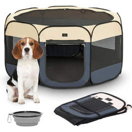 Клітка-вигул для цуценят та котів 4 Pet, складана, для дому та вулиці, з мискою, блакитно-біла