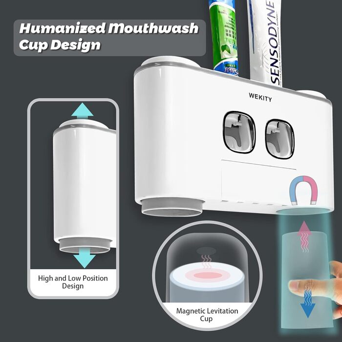 Тримач для зубних щіток WEKITY з дозатором пасти, настінний, сірий, для дітей та дорослих. Набір: 2 дозатори, 5 слотів для щіток, 4 чашки