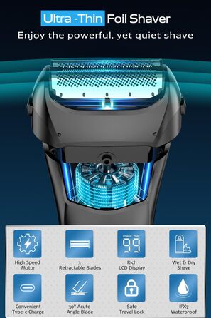 Електрична бритва чоловіча з 3 гнучкими лезами та чохлом для подорожей, тример для точного гоління, вологостійка/суха, 120 хв роботи, акумуляторна, подарунок для чоловіків, чорна