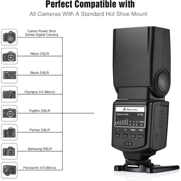 Спалах для камери PowerExtra DF-400: професійний, сумісний з Canon, Nikon, Pentax, Samsung, Fujifilm, Olympus, Panasonic, Sigma, Minolta, Leica, Ricoh, DSLR та цифровими камерами