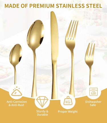 12-Person Cutlery Set, 60-Piece Gold Stainless Steel Cutlery Sets, Elegant Dinnerware Cutlery, High-Gloss Polished and Dishwasher Safe, with Knife, Fork, and Spoon, for Home, Party, Restaurant