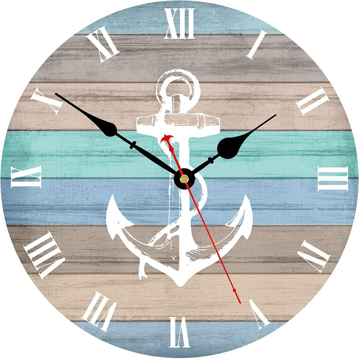 Toudorp Wall Clock Wooden French Country Style Silent Wall Clock Easy to Read Battery Operated Home Decorative Retro Wall Clock (Nautical Stripe Anchor, 12 inches)