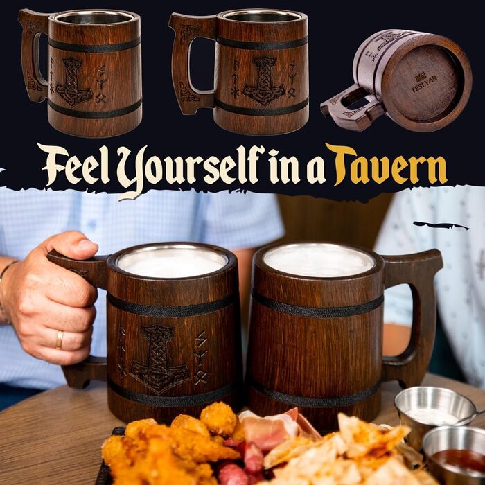 Дерев'яний кубок Wikinger 0.6 л з дуба, коричневий - середньовічний кубок для пива, кружка, глечик з гравіюванням молота Тора, рунами. Ідеальний подарунок для любителів пива, дерев'яний кубок, Валентин, подарунок для чоловіків, ретро, коричневий