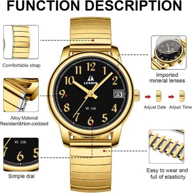 Жіночий годинник LN LENQIN: Водонепроникні годинники для жінок з нержавіючої сталі, кварцовий механізм, регульований ремінець (Золотий/Чорний)