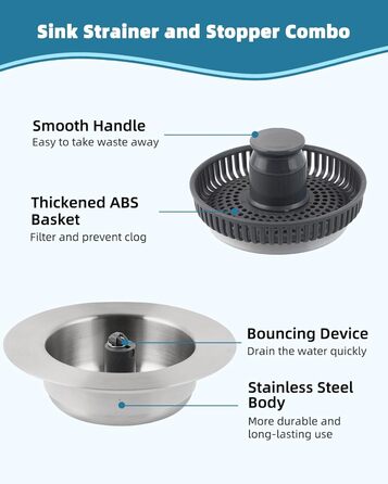 2 Pieces – 3-in-1 Kitchen Sink, Pop-Up Strainer #304, Stainless Steel, Drain Strainer with Handle Rod for US Standard 8.9cm Drain Filter, Clog-Free and Easy to Clean