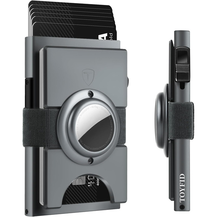 Чоловічий гаманець TOYFID з відділом для AirTag, 12 слотів для карток, відділення для паперових грошей, RFID захист, швидкодіюча кнопка виштовхування, алюміній, сірий