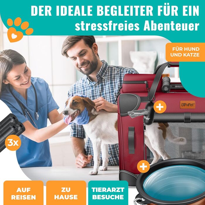 Транспортна переноска для собак та котів (XXL, Бордовий/Червоний) з мискою та плечовим ременем