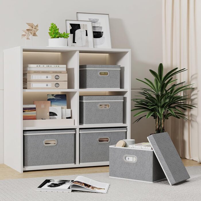 Yawinhe 3-Piece Storage Boxes with Lids, Foldable Fabric Storage Box with Handles, Storage Boxes, for Bedroom, Clothes Storage, 32x23x20cm, Grey, SNK023G-3