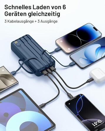 Повербанк 27000mAh з 4 вбудованими кабелями та LED-дисплеєм, швидка зарядка 30W USB-C для iPhone, Samsung, iPad та Android смартфонів (Темно-синій)