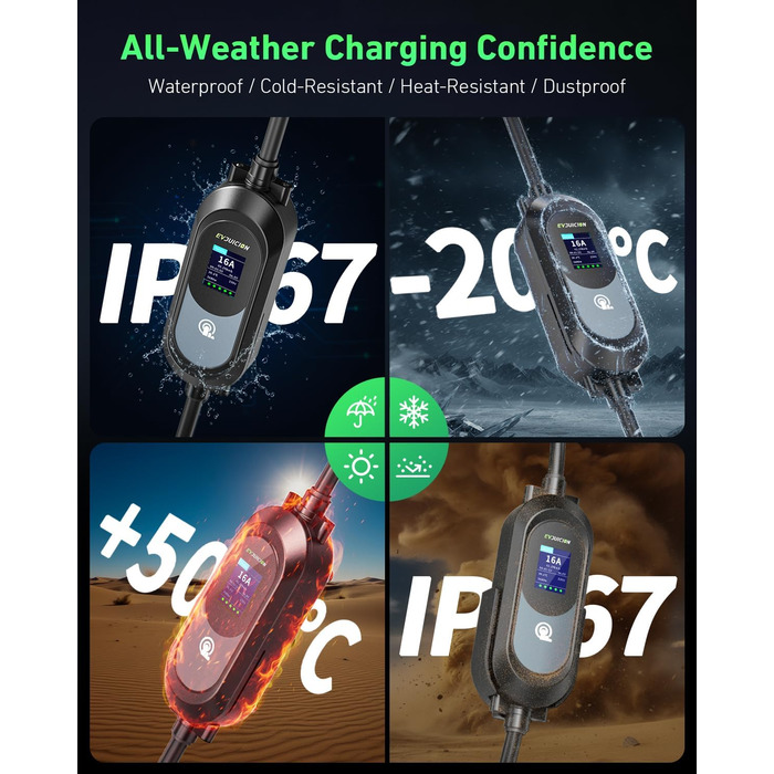 Електричний зарядний пристрій для авто Evjuicion, 15 метрів, 3.68 кВт, 8-16 А, 0-12H, IP67, Тип 2, LED-дисплей, кріплення для стіни та кабелю, портативний, сумка