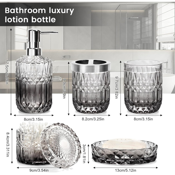 Набір аксесуарів для ванної кімнати зі скла, 5 шт. (мильниця, дозатор мила, стакан, тримач для зубних щіток, контейнер для ватних паличок), чорний