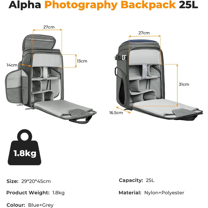 Рюкзак для фотокамери K&F Concept Alpha, 25L, чорний, з відділенням для 16-дюймового ноутбука, сумісний з Canon/Nikon/Sony/DJI Mavic