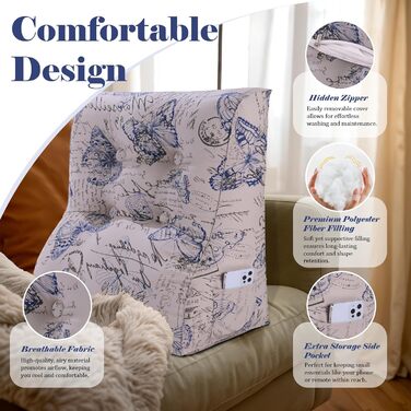 Вигнуте подушко-сидіння для ліжка, спинка для голови, клиновий ортопедичний підгузок, підставка для спини для сидіння в ліжку або на дивані, знімний чохол, блакитний з метеликами, 60 см