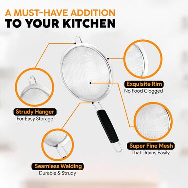 Набір сит Jojeys 3 шт. різних розмірів - металеві сита з нержавіючої сталі, дрібний фільтр - кухонне сито з нержавіючої сталі для приготування їжі, випічки - безпечне для миття в посудомийній машині (20 см з гумовою ручкою)