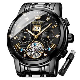 Чоловічий автоматичний скелетон-годинник OLEVS: механічний люксовий годинник із багатофункціональним календарем, водонепроникний, сталевий корпус, чорний
