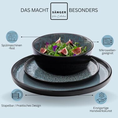 Набір посуду SÄNGER Manila 24 частини: 6 тарілок, 6 сніданок, 6 глибоких тарілок, 6 мисок для пасти, блакитний з чорним обідком, кераміка для 6 осіб