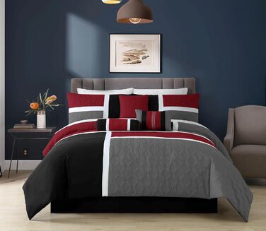 Комплект постільної білизни Chezmoi Collection Upland, 7-piece, Patchwork, для ліжка King Size (Oversized), червоно-сірий-чорний