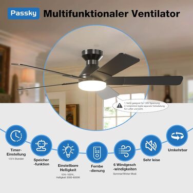Стельовий вентилятор Passky 132 см з LED-освітленням та пультом керування, DC-мотор, 6 швидкостей, 3 режими світла, реверс (літо/зима), чорний