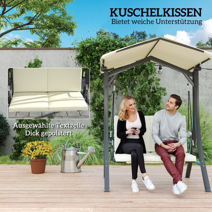 Outsunny Hollywood Swing with Adjustable Sun Canopy and Seat Cushion, Protective Cover, 2-Seater Garden Swing, Weight Capacity up to 220kg, UV 30+ Swing Bench for Garden, Patio, 150x120x182cm, Cream White | Aosom