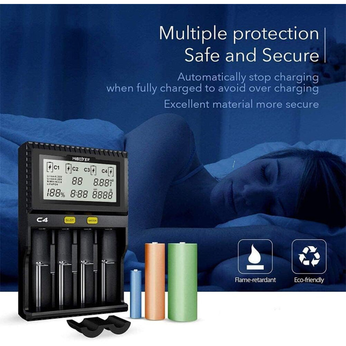 Зарядний пристрій для акумуляторів AUKSKY з LCD-дисплеєм (8 слотів) - універсальна зарядка для NI-MH, NI-Cd, AA, AAA, 14500, 18350, 21700, 26650, Li-Ion, LiFePO4, RCR123A (1.5A, 4 порти)