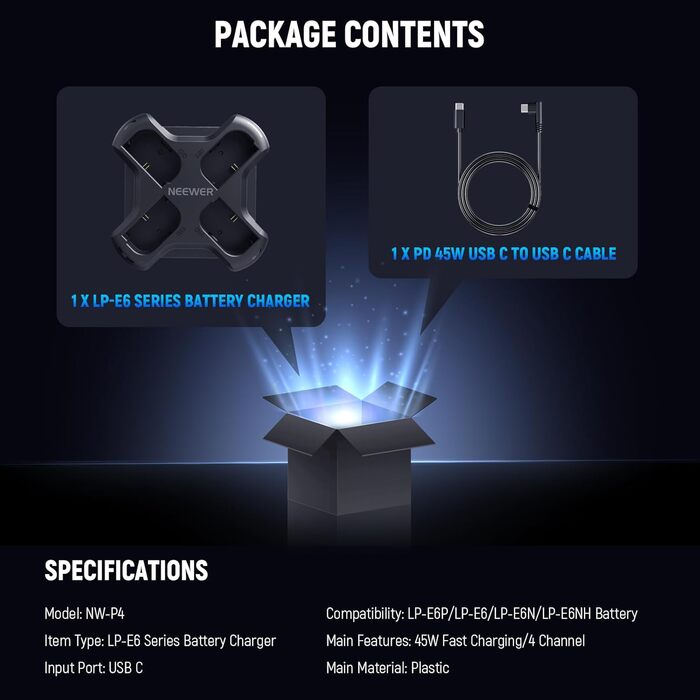 NEEWER LP-E6NH Запасний акумулятор та USB зарядний пристрій, комплект 3 шт., 2250mAh, сумісний з Canon EOS R7, R5, R6, R6 II, 80D, 90D та ін.