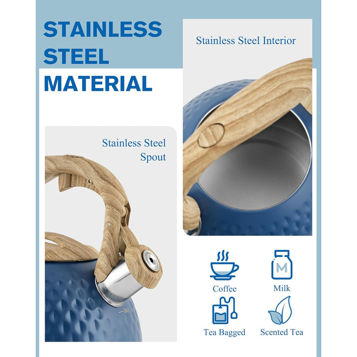 Чайник для заварювання Teekessel 2,7 л з емальованим покриттям, зелений, з імітацією дерева, з носиком, з нержавіючої сталі, антижаростійка ручка, оливковий/темно-синій