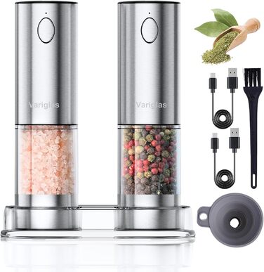 Variglas Salt and Pepper Mills Electric 2-Piece Set with USB Rechargeable, Improved Large Capacity Electric Spice Grinder, Adjustable Coarseness, LED Light (01S)