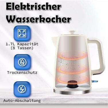 Електричний чайник 1.7л, 1850W, з автовимкненням та захистом від перегріву, для кави та чаю, Бежевий
