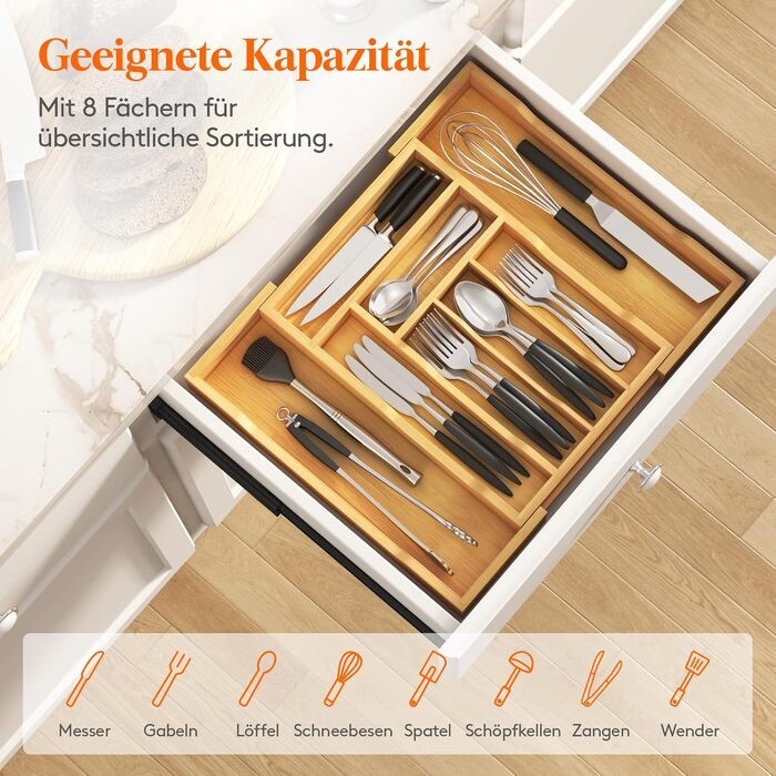 Органайзер для столових приборів Lifewit в шухляду, бамбуковий, 38 см (27-46 см) - розсувний лоток для кухні