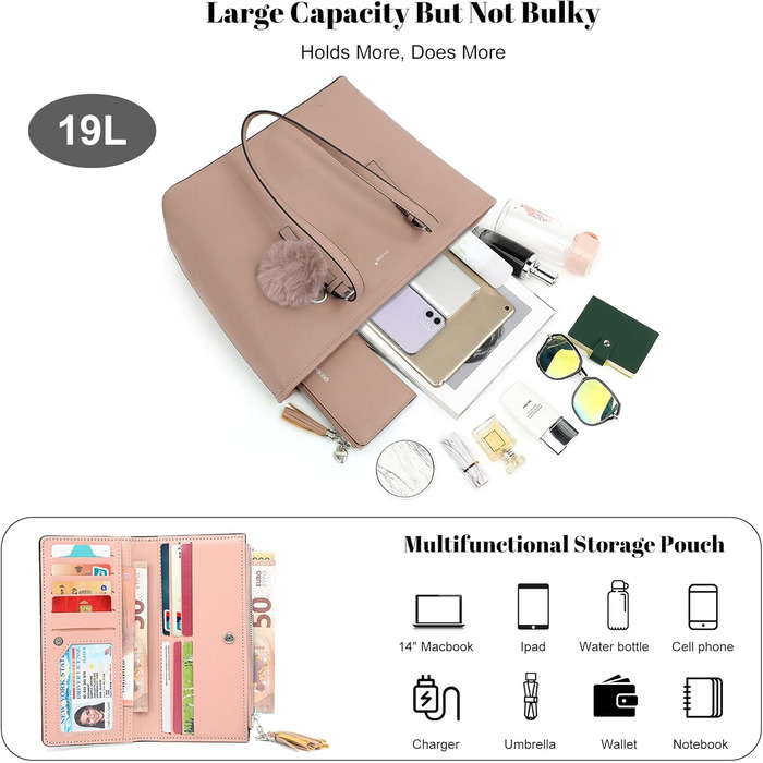 Сумка жіноча TANTOMI з гаманцем, велика, для офісу, школи, шопінгу, рожева з китицею та помпоном з штучного хутра