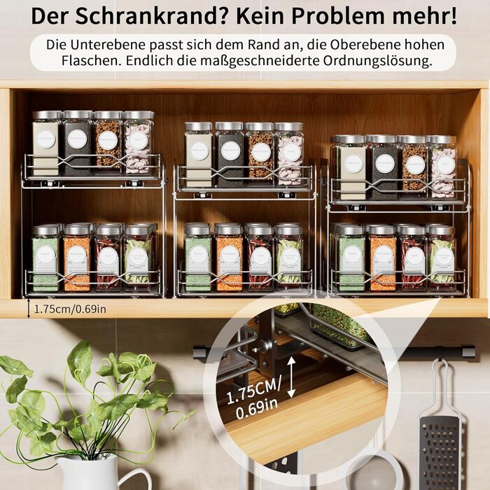 Висувна полиця для спецій з нержавіючої сталі, органайзер для спецій, 2 яруси, регульована висота, кухонний органайзер, система полиць для спецій для кухонної шафи, стояча полиця для спецій для внутрішньої частини шафи