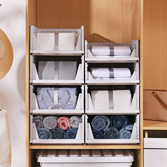 5 Foldable Plastic Storage Boxes, Drawer Box, Stackable Closet Organizer, Shelf Storage Box, Shelf Baskets Closet, Stackable Drawer Storage Boxes, for Kitchen Bedroom, White (8 Pieces L)