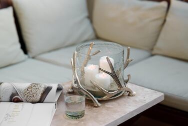 EDZARD Hurricane Candle Holder Kingston, Deer Antler Design, Silver, Nickel-Plated Aluminum, with Glass, Height 13 cm, Diameter 15 cm (Height 20 cm, Diameter 25 cm)
